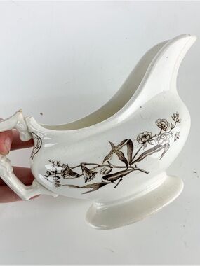 Antique 19th Cent English Transferware Pottery Sauce Gravy Boat Stained Crazed